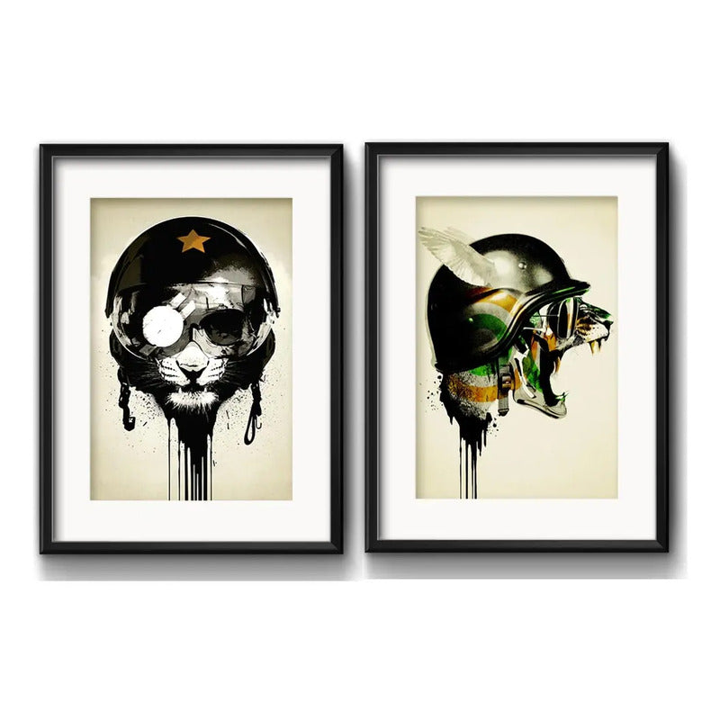 Set 2 Cuadros León Tigre Guerra Arte Decoracion Con Paspartú