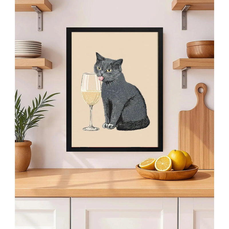 Cuadro Gato Sofisticado Vino Blanco Chef Cocina Decoracion Marco Negro