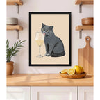 Cuadro Gato Sofisticado Vino Blanco Chef Cocina Decoracion Marco Negro
