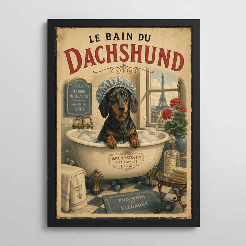 Cuadro Baño Paris Vintage Perro Salchicha Le Bain Dachshund Marco Negro