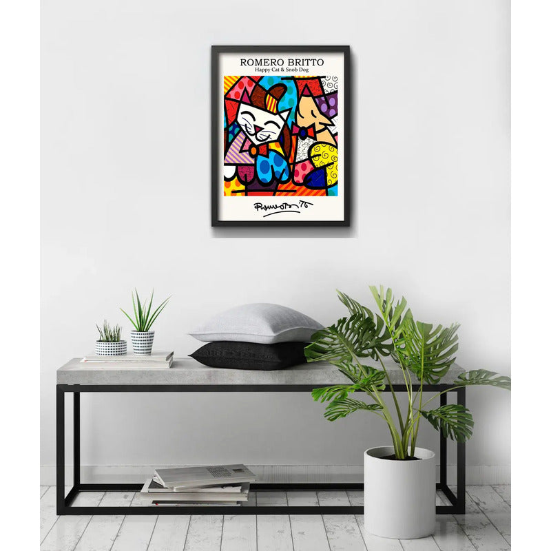 Cuadro Romero Britto Pop Art Gato Feliz Perro Snob Living Marco Negro