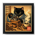 Cuadro Gato Negro Moliendo Café Cocina Arte Japon Coleccion Marco Negro