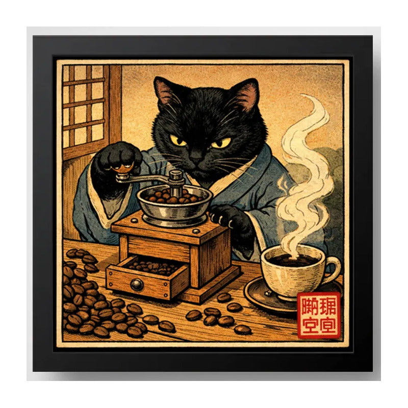 Cuadro Gato Negro Moliendo Café Cocina Arte Japon Coleccion Marco Negro