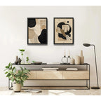 Set 2 Cuadros Living Boho Arte Abstracto Beige Crema 53x43cm Marco Negro
