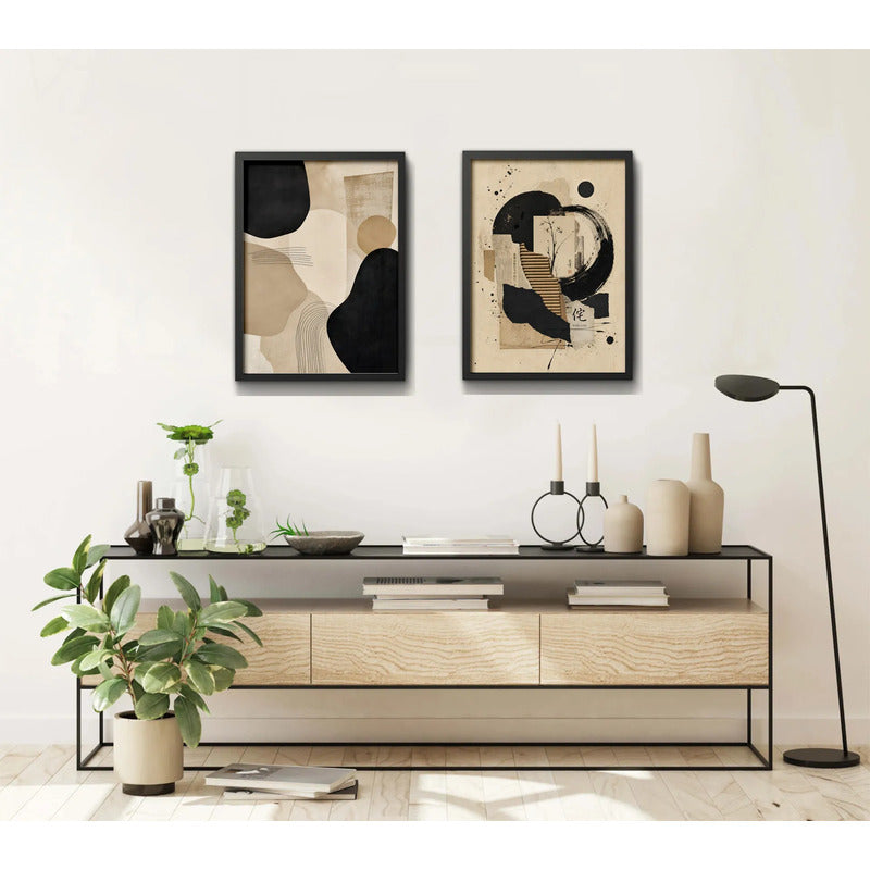 Set 2 Cuadros Living Boho Arte Abstracto Beige Crema 53x43cm Marco Negro