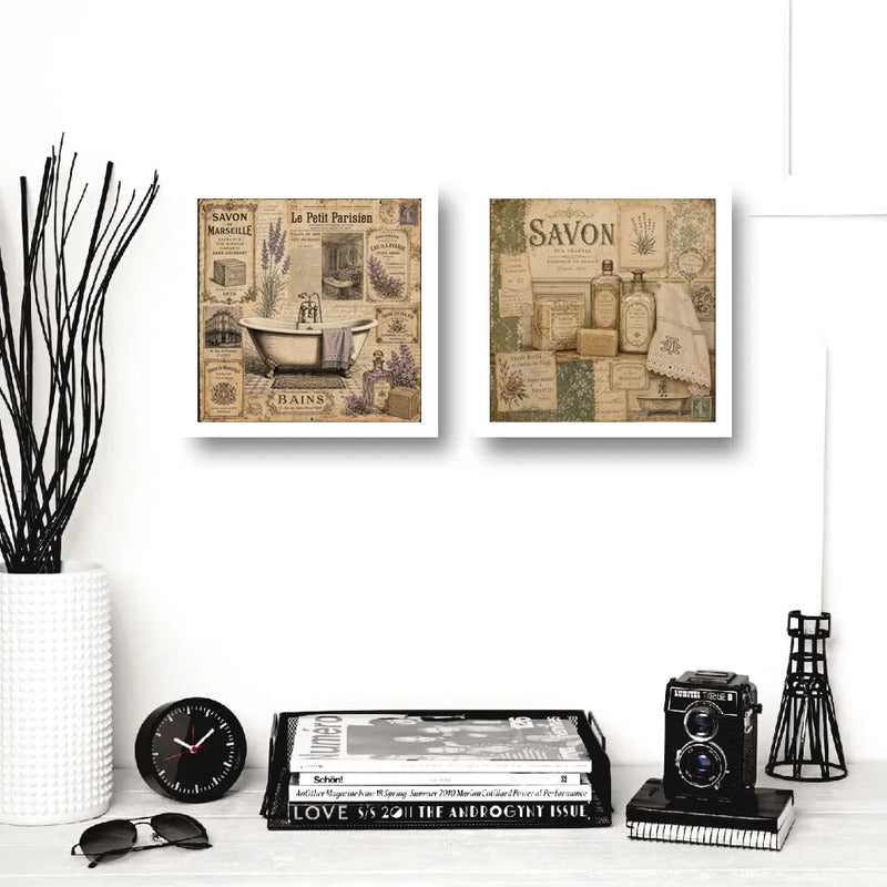 Set 2 Cuadros Decoracion Bano Paris Retro Banera Jabones Marco Blanco