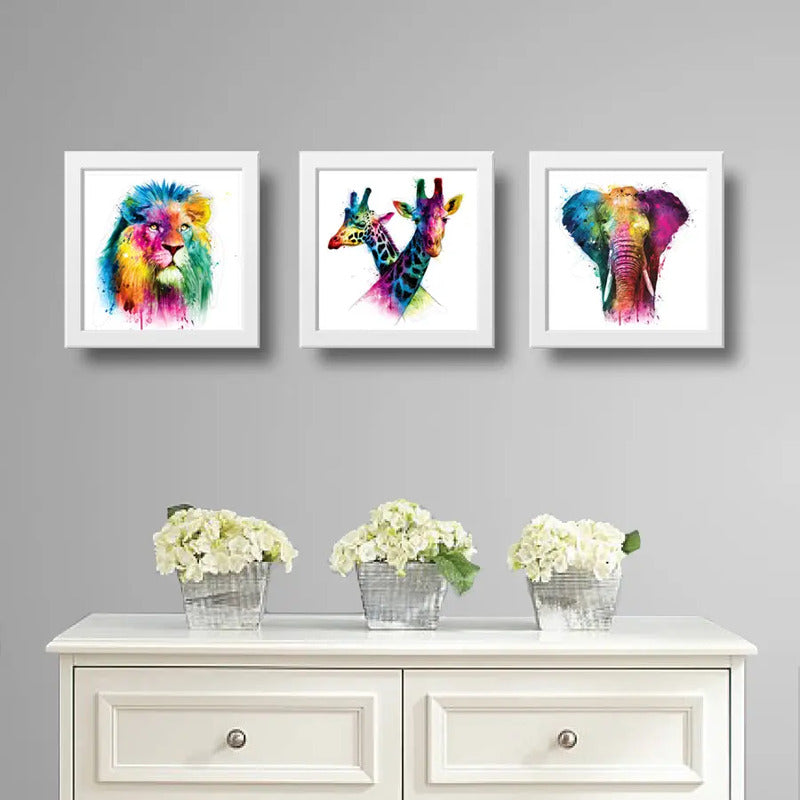 Set 3 Cuadros León Jirafa Elefante Pop Art Colors Decoracion