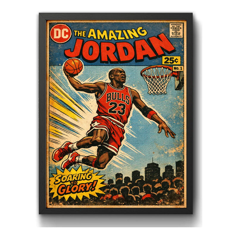 Cuadro Michael Jordan Comics Arte Retro Baloncesto Deportes Marco Negro
