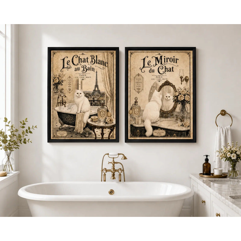 Set 2 Cuadros Decoracion Bano Gato Blanco Paris Retro Banera Marco Negro