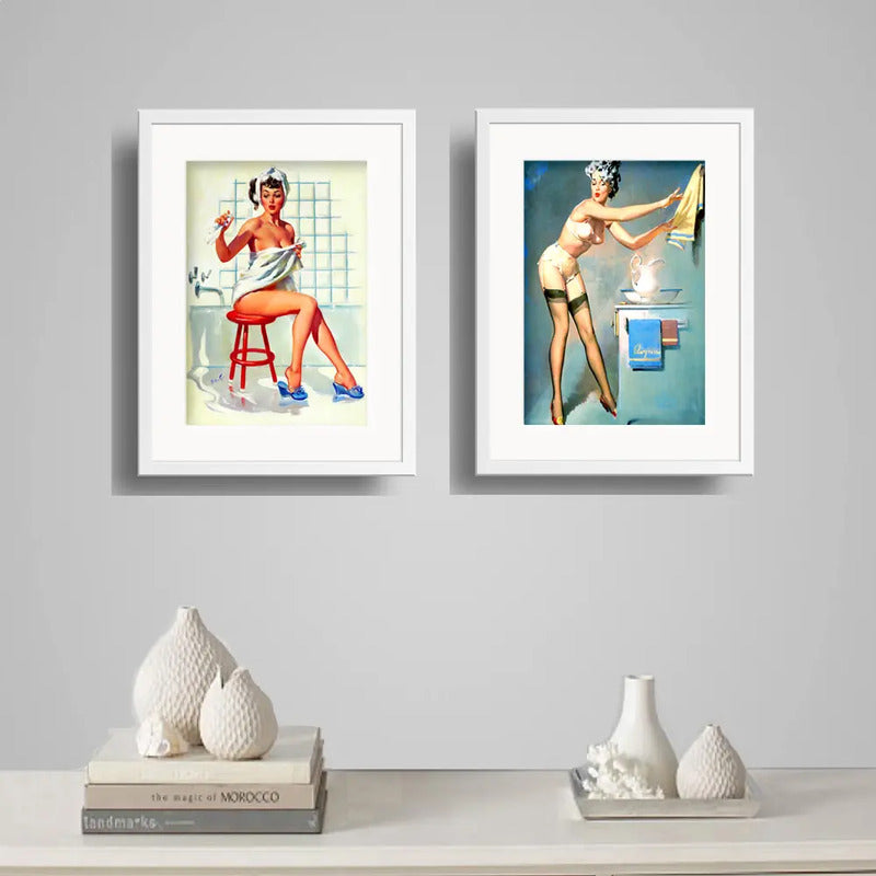 Set 2 Cuadros Pin Ups Baño Retro Decoracion Con Paspartú