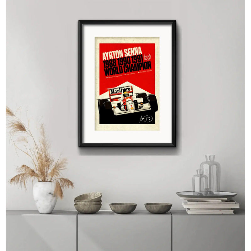Cuadro Ayrton Senna Formula 1 Carrera 53x43cm Con Paspartu Marco Negro