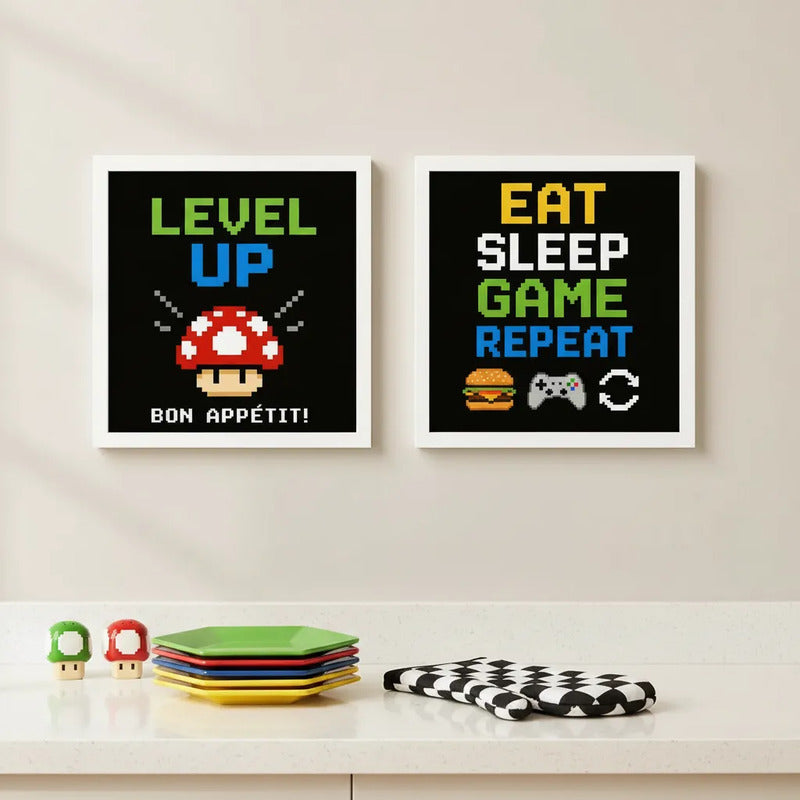 Set 2 Cuadros Cocina Geek Game Bon Appetit Frase Videojuego Marco Blanco