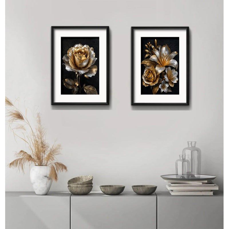 Set 2 Cuadros Flores Tonos Dorados Y Plateados Con Paspartú 43x33cm Cada Cuadro Negro