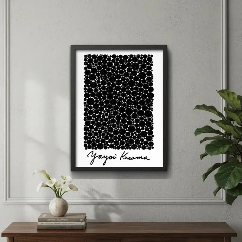 Cuadro Living Yayoi Kusama Puntos Infinitos Blanco Y Negro Marco Negro