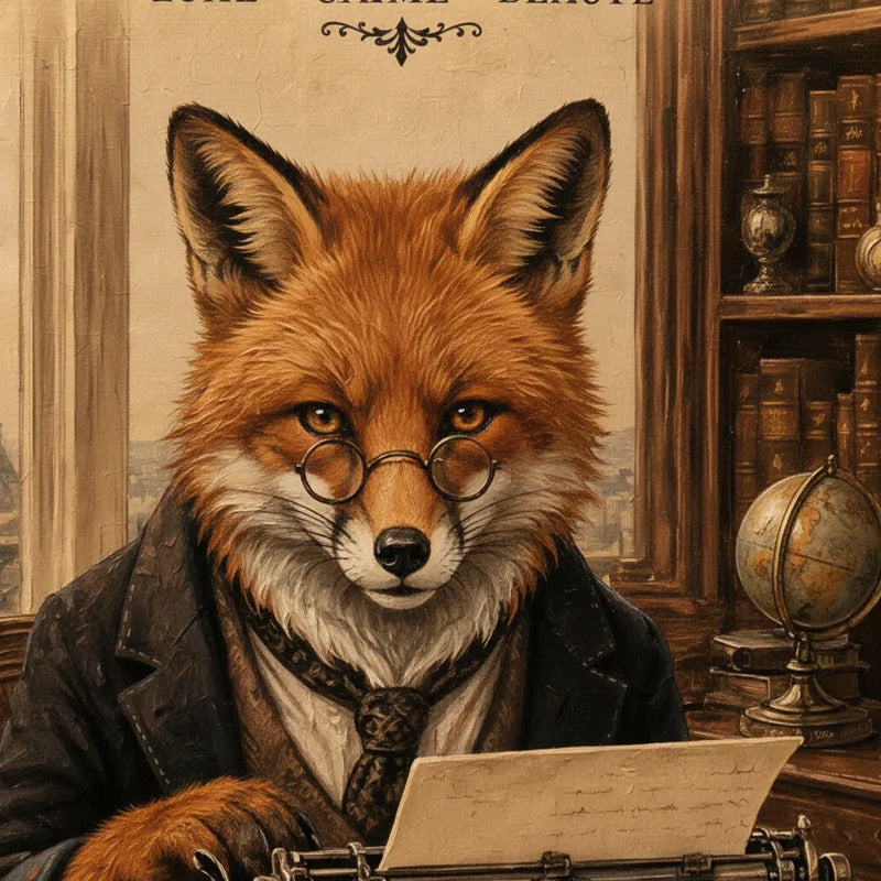 Cuadro Zorro Frances Paris Máquina De Escribir Retro Vintage Marco Negro