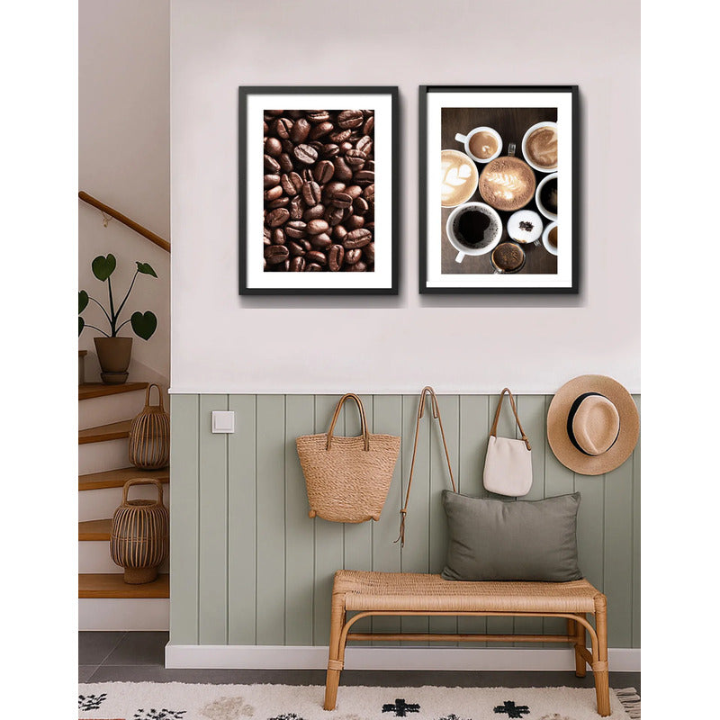 Set 2 Cuadros Café Tipos Grano Recetas Bebidas Coffee Cocina Marco Negro
