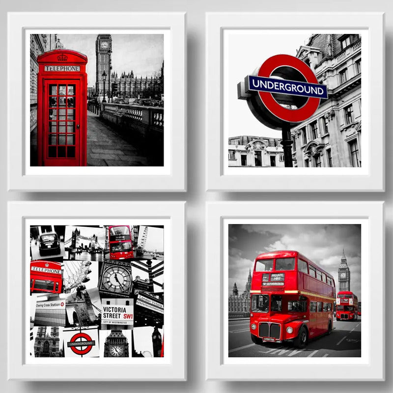 Set 4 Cuadros Londres Uk Blanco Negro Rojo Ciudad Decoracion