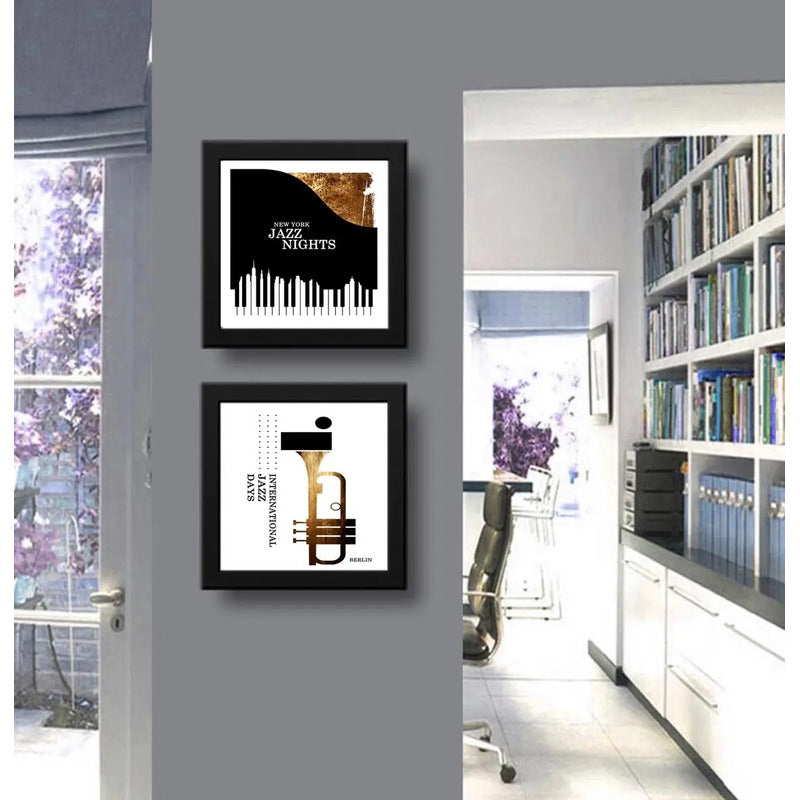 Set 2 Cuadros Jazz Nights New York Gold Piano Musica 33x33cm Marco Negro