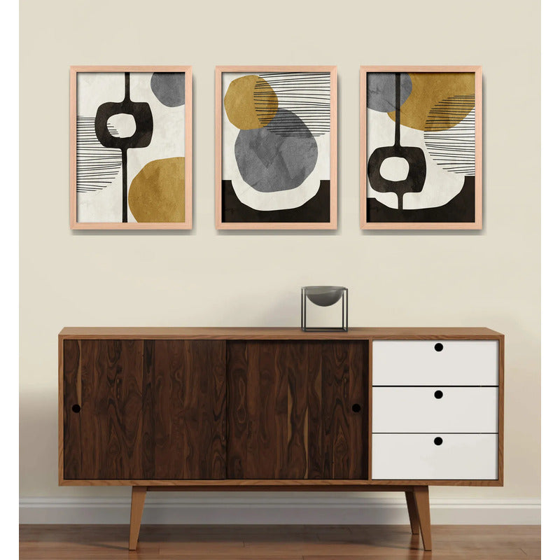 Set 3 Cuadros Dormitorio Living Boho Abstract Tonos Terrosos Marco Madera Natural Oak