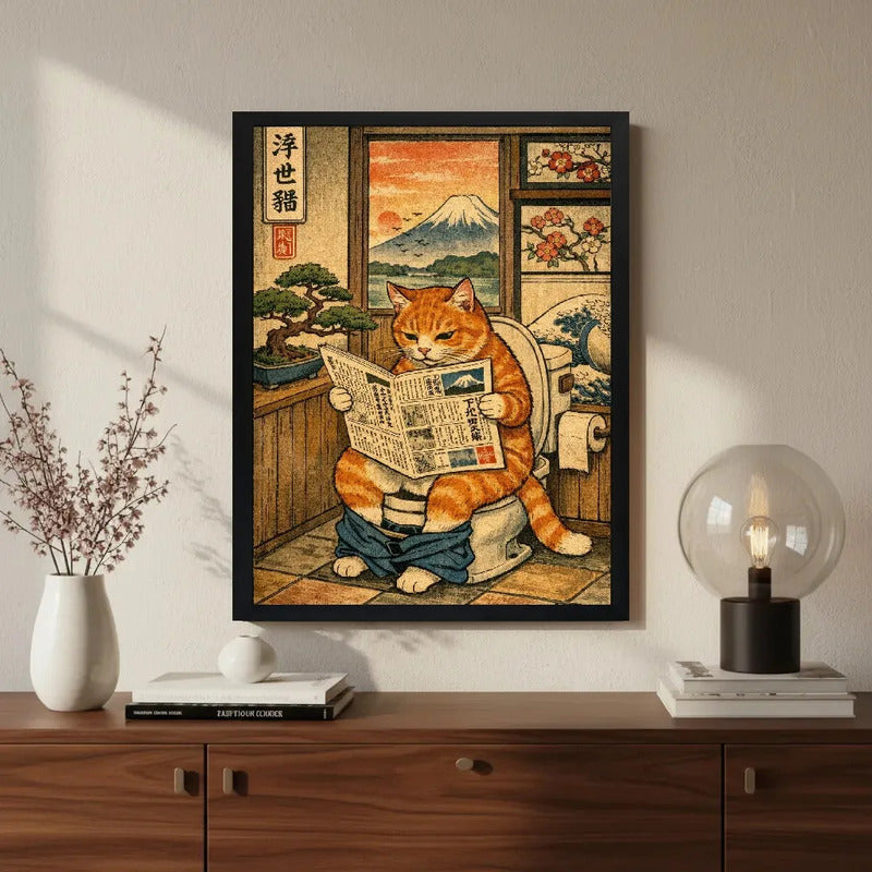 Cuadro Gato Naranja Bano Japón Bonsai Fuji Decoracion Marco Negro