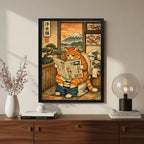 Cuadro Gato Naranja Bano Japón Bonsai Fuji Decoracion Marco Negro
