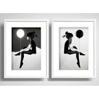 Set 2 Cuadros Chica Con Globo Blanco Y Negro Arte Paspartú