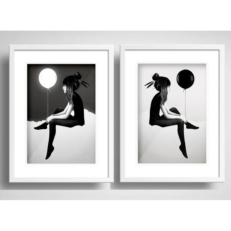 Set 2 Cuadros Chica Con Globo Blanco Y Negro Arte Paspartú