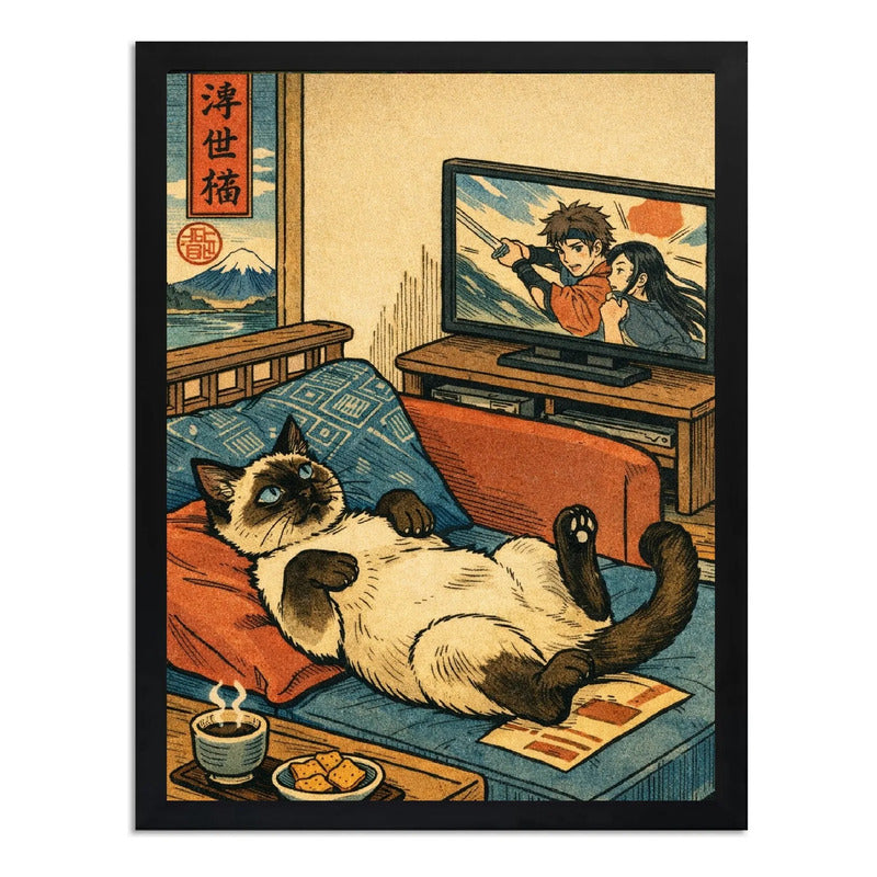 Cuadro Gato Siamés Mirando La Tele Arte Japones Feng Shui Marco Negro