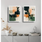 Set 2 Cuadros Dormitorio Living Abstracto Verde Durazno Brs2 Marco Blanco
