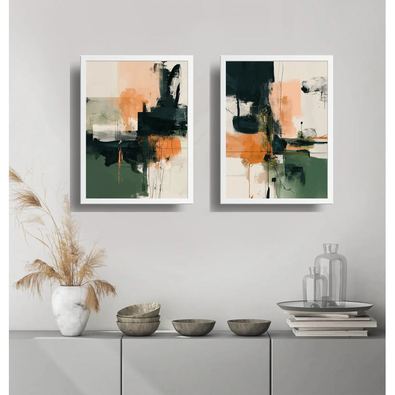 Set 2 Cuadros Dormitorio Living Abstracto Verde Durazno Brs2 Marco Blanco