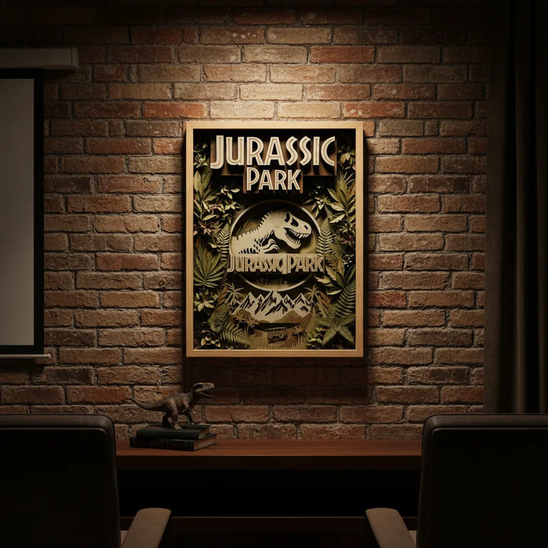 Cuadro Jurassic Park Efecto 3d Dinosaurio Pelicula Cinema Marco Marrón Claro