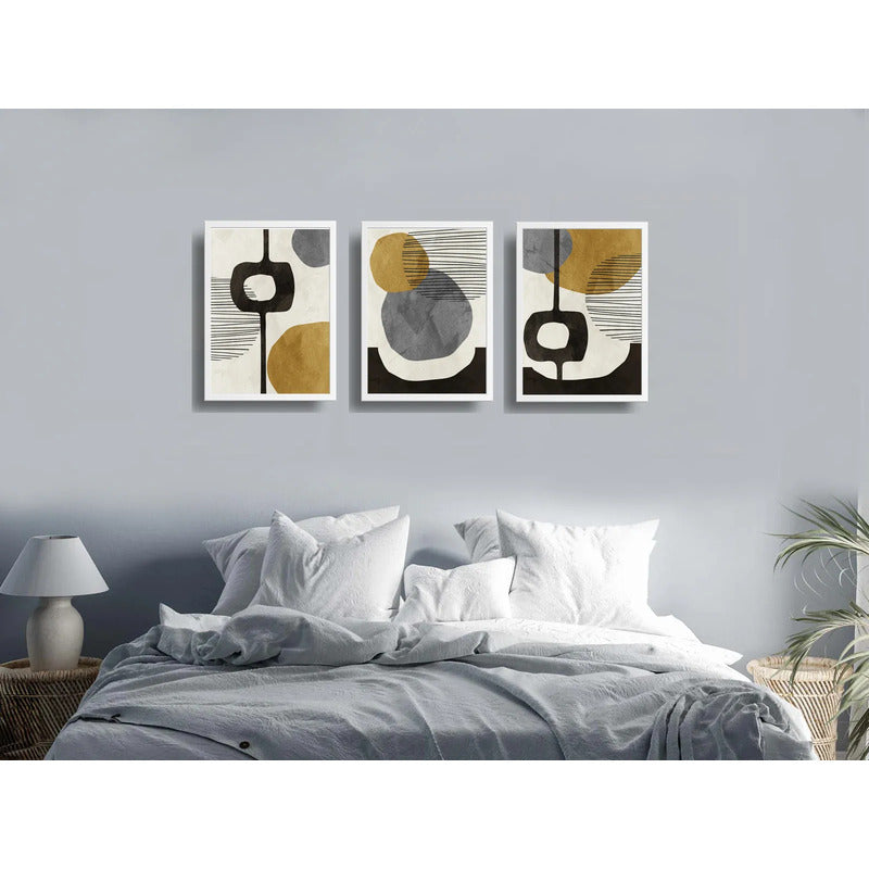 Set 3 Cuadros Dormitorio Living Boho Abstract Tonos Terrosos Marco Blanco