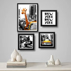 Set 4 Cuadros New York Taxi Jirafa Times Square Decoracion Marco Negro