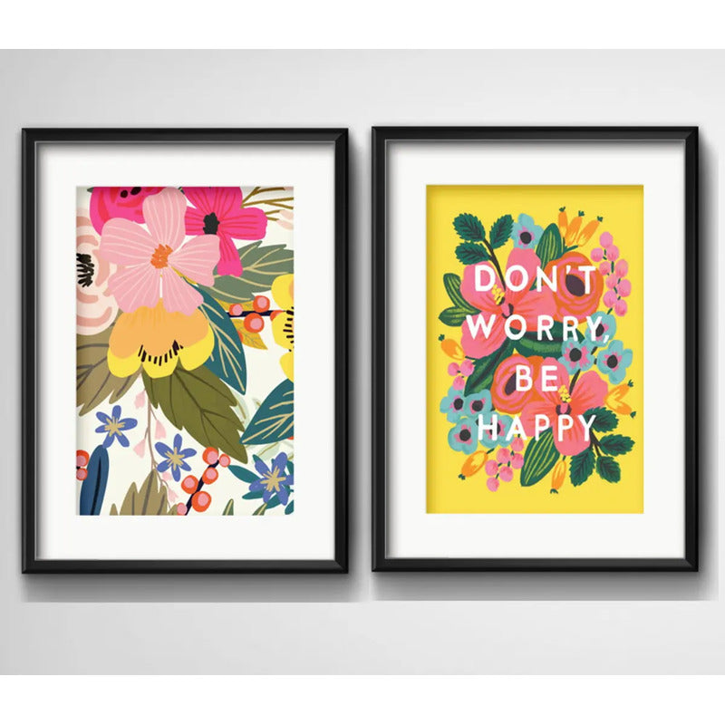 Set 2 Cuadros Flores Pop Art Frase Don't Worry Con Paspartú