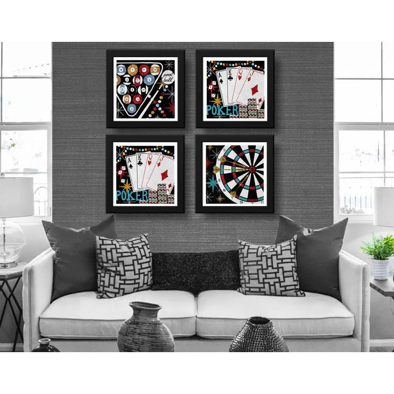 Set 4 Cuadros Juegos Billar Poker Cartas Dardos - 33x33cm Marco Negro