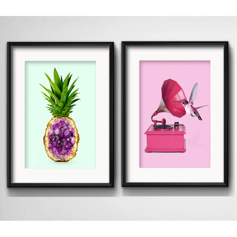 Set 2 Cuadros Pop Art Ananá Amatista Gramófono Con Paspartú