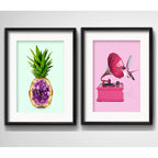 Set 2 Cuadros Pop Art Ananá Amatista Gramófono Con Paspartú