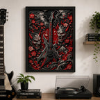 Cuadro Guitarra Rock Máscaras Oni Arte Japones Efecto 3d Marco Negro