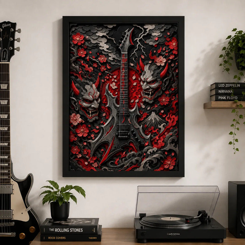 Cuadro Guitarra Rock Máscaras Oni Arte Japones Efecto 3d Marco Negro