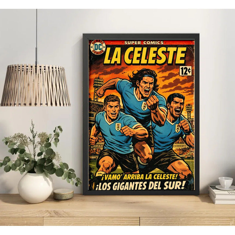 Cuadro La Celeste Comics Uruguay Fútbol Jugadores Deporte Marco Negro