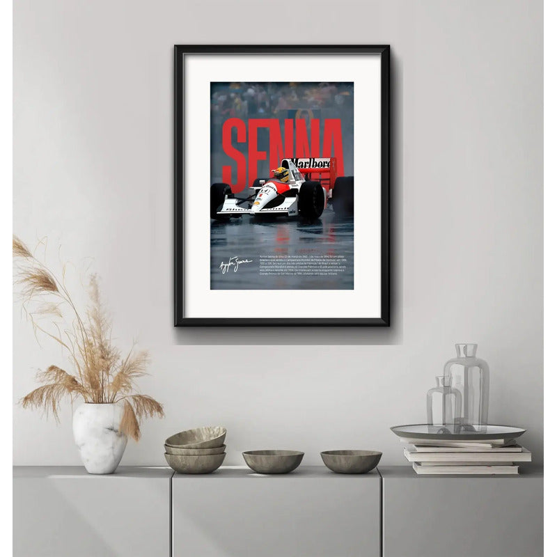 Cuadro Ayrton Senna Formula 1 Signature 53x43cm Con Paspartú Marco Negro
