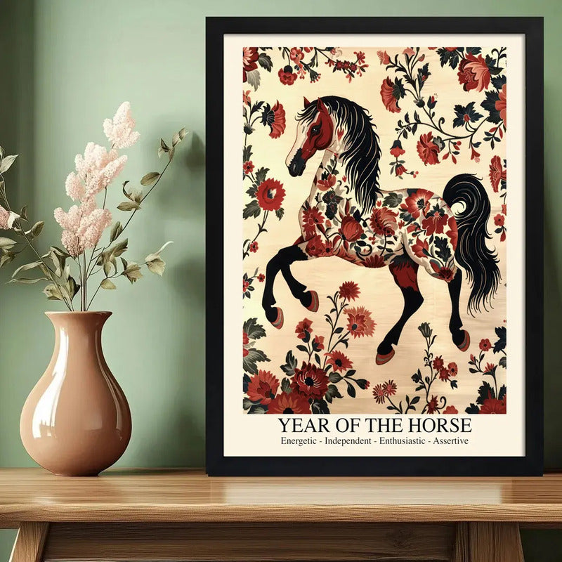 Cuadro Año Del Caballo Zodiaco Chino William Morris Flores Caballo Floral Negro