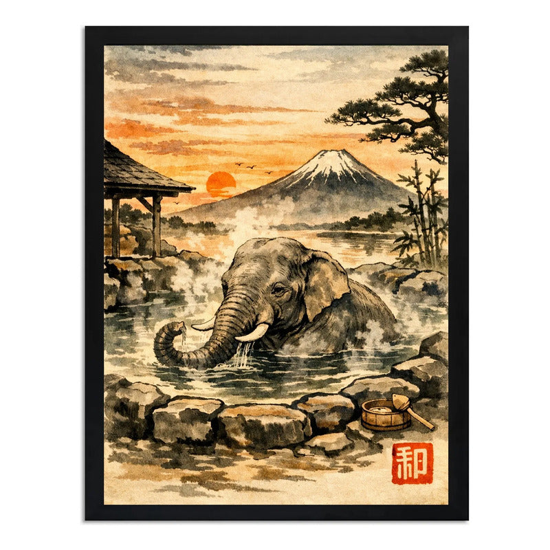 Cuadro Elefante Baño Termal Onsen Arte Japones Coleccion Marco Negro