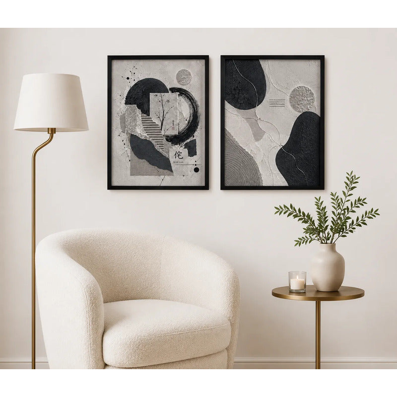 Set 2 Cuadros Boho Abstracto Texturas Plata Decora Living Marco Negro
