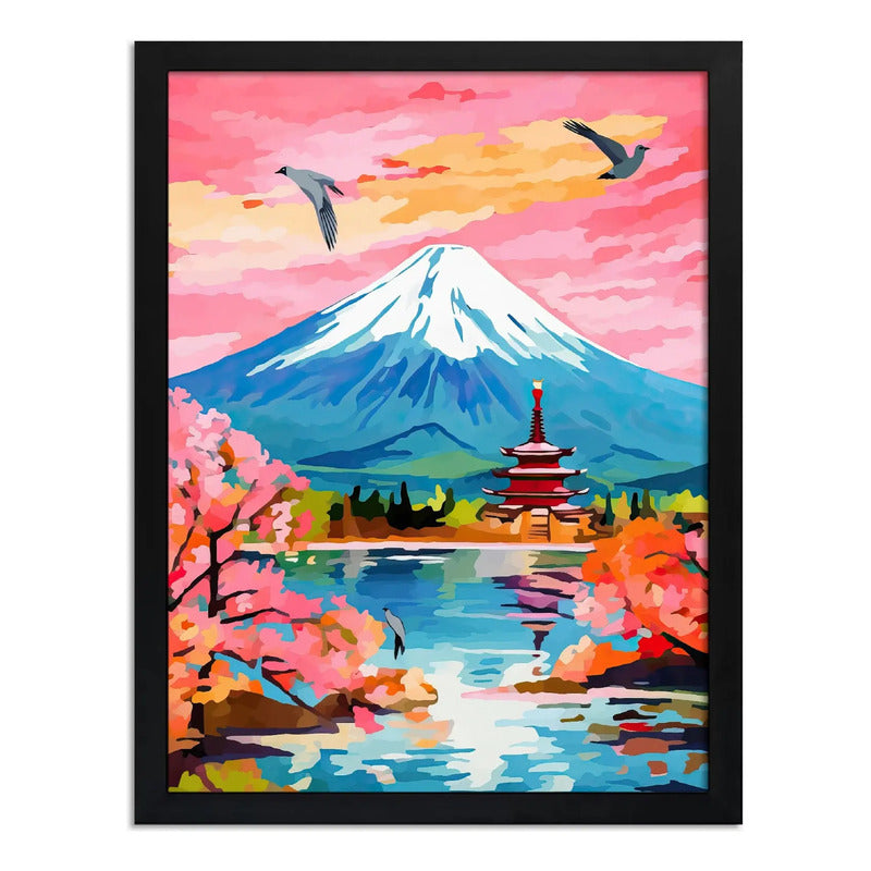 Cuadro Living Paisaje Onírico Flor Cerezo Sakura Arte Japón Marco Negro