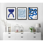 Set 3 Cuadros Dormitorio Living Indigo Abstract Tonos Azul Marco Negro