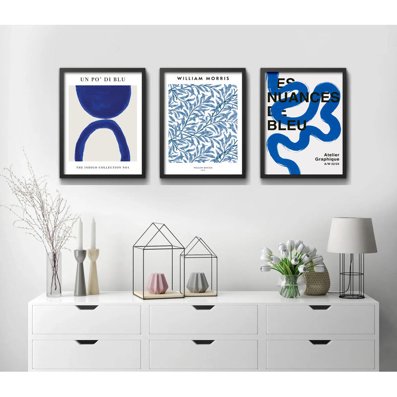 Set 3 Cuadros Dormitorio Living Indigo Abstract Tonos Azul Marco Negro