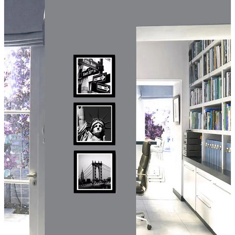 Set 3 Cuadros Nueva York Blanco Y Negro Ciudad - 33x33cm Marco Negro
