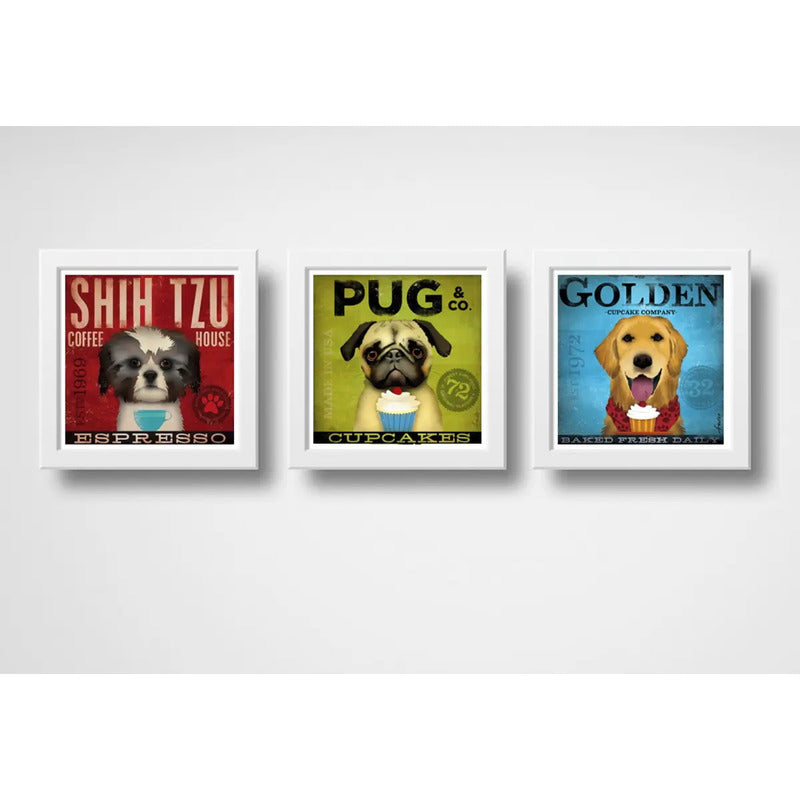 Set 3 Cuadros Perro Cafe Cupcake Pug Shitzu Golden Pet Decor