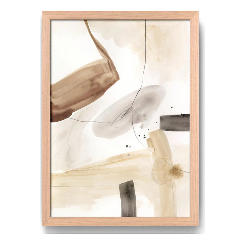Cuadro Dormitorio Living Boho Abstracto Beige Acuarela Oak Marco Marrón Claro
